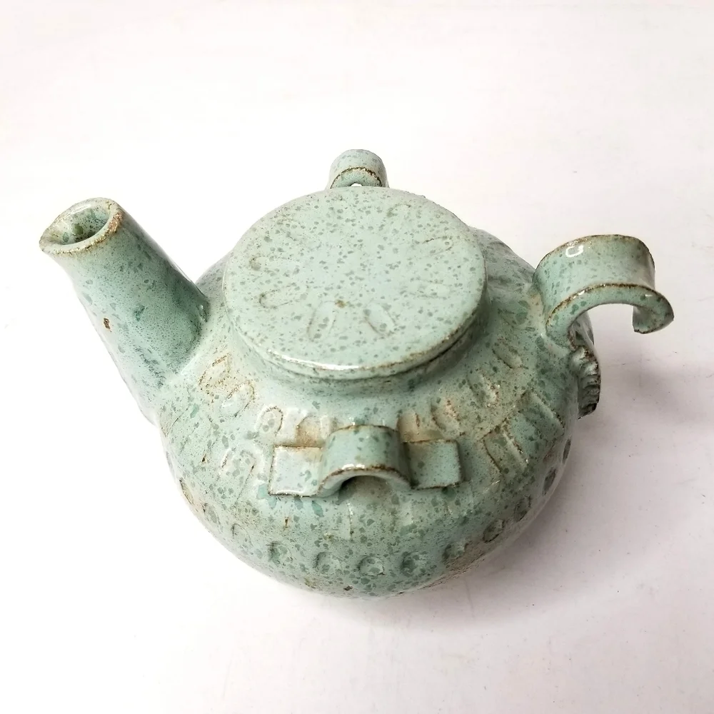 Rare Unique Vintage Art Pottery Green TeaPot , Artist Signed 12/25/75